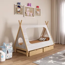 Letto per bambini 90x190 cm in legno bianco e naturale con 2 cassettoni legno naturale - Lollipop