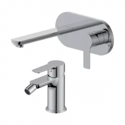 Set miscelatore lavabo a muro canna 20 cm con piastra e bidet cromo – Key