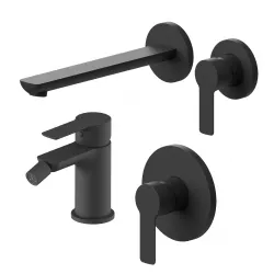 Set miscelatore lavabo a muro canna 25 cm e bidet con incasso doccia nero – Key