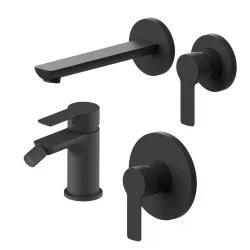 Set miscelatore lavabo a muro canna 20 cm e bidet con incasso doccia nero – Key