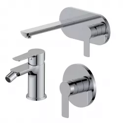 Set miscelatore lavabo a muro canna 20 cm con piastra e bidet con incasso doccia cromo – Key