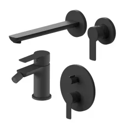 Set miscelatore lavabo a muro canna 25 cm e bidet con incasso doccia con deviatore nero – Key