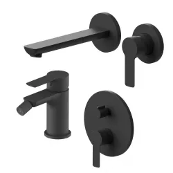 Set miscelatore lavabo a muro canna 20 cm e bidet con incasso doccia con deviatore nero – Key