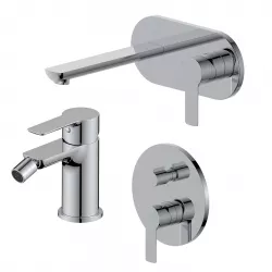 Set miscelatore lavabo a muro canna 20 cm con piastra e bidet con incasso doccia con deviatore cromo – Key