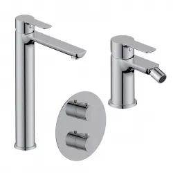 Set miscelatore lavabo alto e bidet con incasso doccia termostatico con deviatore cromo – Key