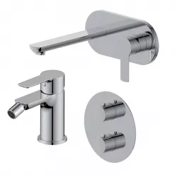 Set miscelatore lavabo a muro canna 20 cm con piastra e bidet con incasso doccia termostatico con deviatore cromo – Key