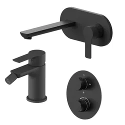 Set miscelatore lavabo a muro canna 20 cm con piastra e bidet con incasso doccia termostatico con deviatore nero – Key