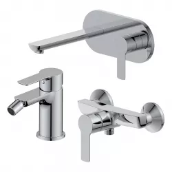 Set miscelatore lavabo a muro canna 20 cm con piastra e bidet con esterno doccia cromo – Key