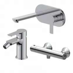 Set miscelatore lavabo a muro canna 20 cm con piastra e bidet con esterno doccia termostatico cromo – Key