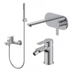 Set miscelatore lavabo a muro canna 20 cm con piastra e bidet con esterno vasca cromo – Key