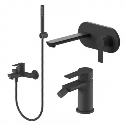 Set miscelatore lavabo a muro canna 20 cm con piastra e bidet con esterno vasca nero – Key