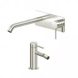 Set miscelatore lavabo a muro canna 20 cm con piastra e bidet spazzolato – Ran