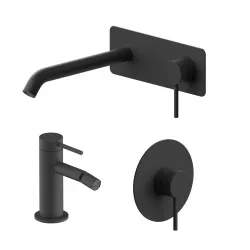 Set miscelatore lavabo a muro canna 20 cm con piastra e bidet con incasso doccia nero – Ran