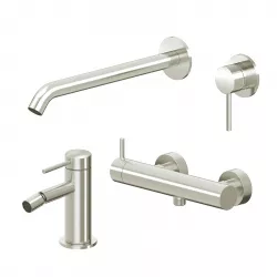 Set miscelatore lavabo a muro canna 25 cm e bidet con esterno doccia spazzolato – Ran