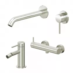 Set miscelatore lavabo a muro canna 20 cm e bidet con esterno doccia spazzolato – Ran