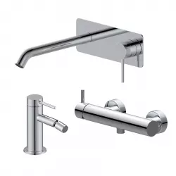 Set miscelatore lavabo a muro canna 20 cm con piastra e bidet con esterno doccia cromo – Ran