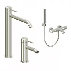 Set miscelatore lavabo alto e bidet con esterno vasca spazzolato – Ran