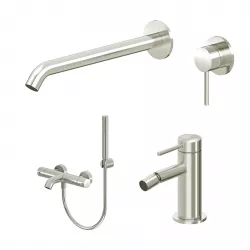 Set miscelatore lavabo a muro canna 25 cm e bidet con esterno vasca spazzolato – Ran