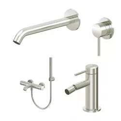 Set miscelatore lavabo a muro canna 20 cm e bidet con esterno vasca spazzolato – Ran