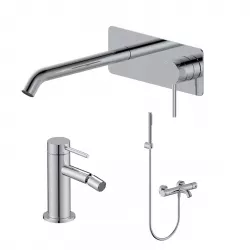 Set miscelatore lavabo a muro canna 20 cm con piastra e bidet con esterno vasca cromo – Ran