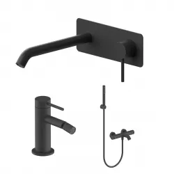 Set miscelatore lavabo a muro canna 20 cm con piastra e bidet con esterno vasca nero – Ran