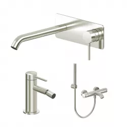 Set miscelatore lavabo a muro canna 20 cm con piastra e bidet con esterno vasca spazzolato – Ran