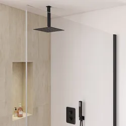 Set incasso doccia termostatico con deviatore con braccio a soffitto 20 cm e soffione 25x25 cm nero – Fusion