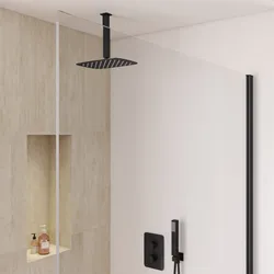 Set incasso doccia termostatico con deviatore con braccio a soffitto 20 cm e soffione 30x20 cm nero – Fusion