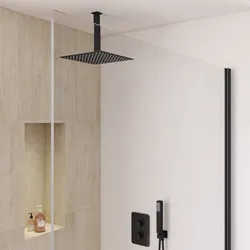 Set incasso doccia termostatico con deviatore con braccio a soffitto 20 cm e soffione 30x30 cm nero – Fusion