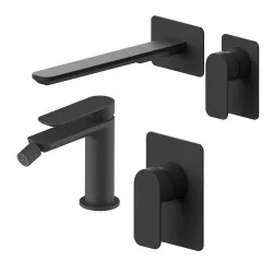 Set miscelatore lavabo a muro canna 25 e bidet con incasso doccia nero – Fusion