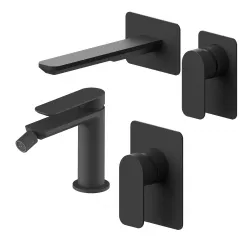 Set miscelatore lavabo a muro canna 20 e bidet con incasso doccia nero – Fusion