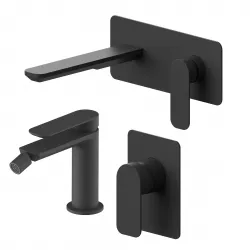 Set miscelatore lavabo a muro canna 20 con piastra e bidet con incasso doccia nero – Fusion