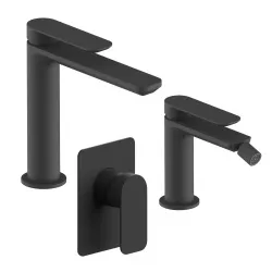 Set miscelatore lavabo bocca lunga e bidet con incasso doccia nero – Fusion