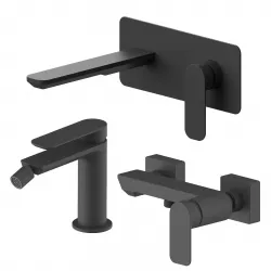 Set miscelatore lavabo a muro canna 20 con piastra e bidet con esterno doccia nero – Fusion