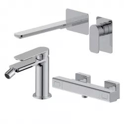 Set miscelatore lavabo a muro canna 25 e bidet con esterno doccia termostatico cromo – Fusion