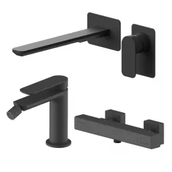 Set miscelatore lavabo a muro canna 25 e bidet con esterno doccia termostatico nero – Fusion