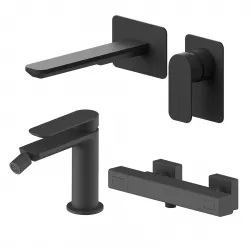 Set miscelatore lavabo a muro canna 20 e bidet con esterno doccia termostatico nero – Fusion