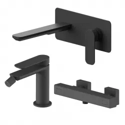 Set miscelatore lavabo a muro canna 20 con piastra e bidet con esterno doccia termostatico nero – Fusion