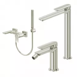 Set miscelatore lavabo alto e bidet con esterno vasca spazzolato – Fusion