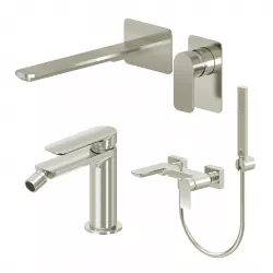 Set miscelatore lavabo a muro canna 25 e bidet con esterno vasca spazzolato – Fusion