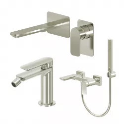 Set miscelatore lavabo a muro canna 20 e bidet con esterno vasca spazzolato – Fusion