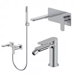 Set miscelatore lavabo a muro canna 20 con piastra e bidet con esterno vasca cromo – Fusion