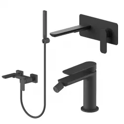 Set miscelatore lavabo a muro canna 20 con piastra e bidet con esterno vasca nero – Fusion