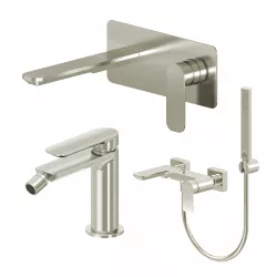 Set miscelatore lavabo a muro canna 20 con piastra e bidet con esterno vasca spazzolato – Fusion