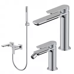 Set miscelatore lavabo bocca lunga e bidet con esterno vasca cromo – Fusion