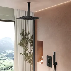 Set incasso doccia termostatico con deviatore con braccio a soffitto 20 cm e soffione 40x40 cm nero – Iota