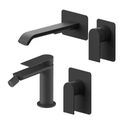 Set miscelatore lavabo a muro canna 20 e bidet con incasso doccia nero – Iota