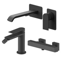 Set miscelatore lavabo a muro canna 20 e bidet con esterno doccia termostatico nero – Iota