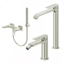 Set miscelatore lavabo alto e bidet con esterno vasca spazzolato – Iota