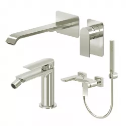 Set miscelatore lavabo a muro canna 25 e bidet con esterno vasca spazzolato – Iota